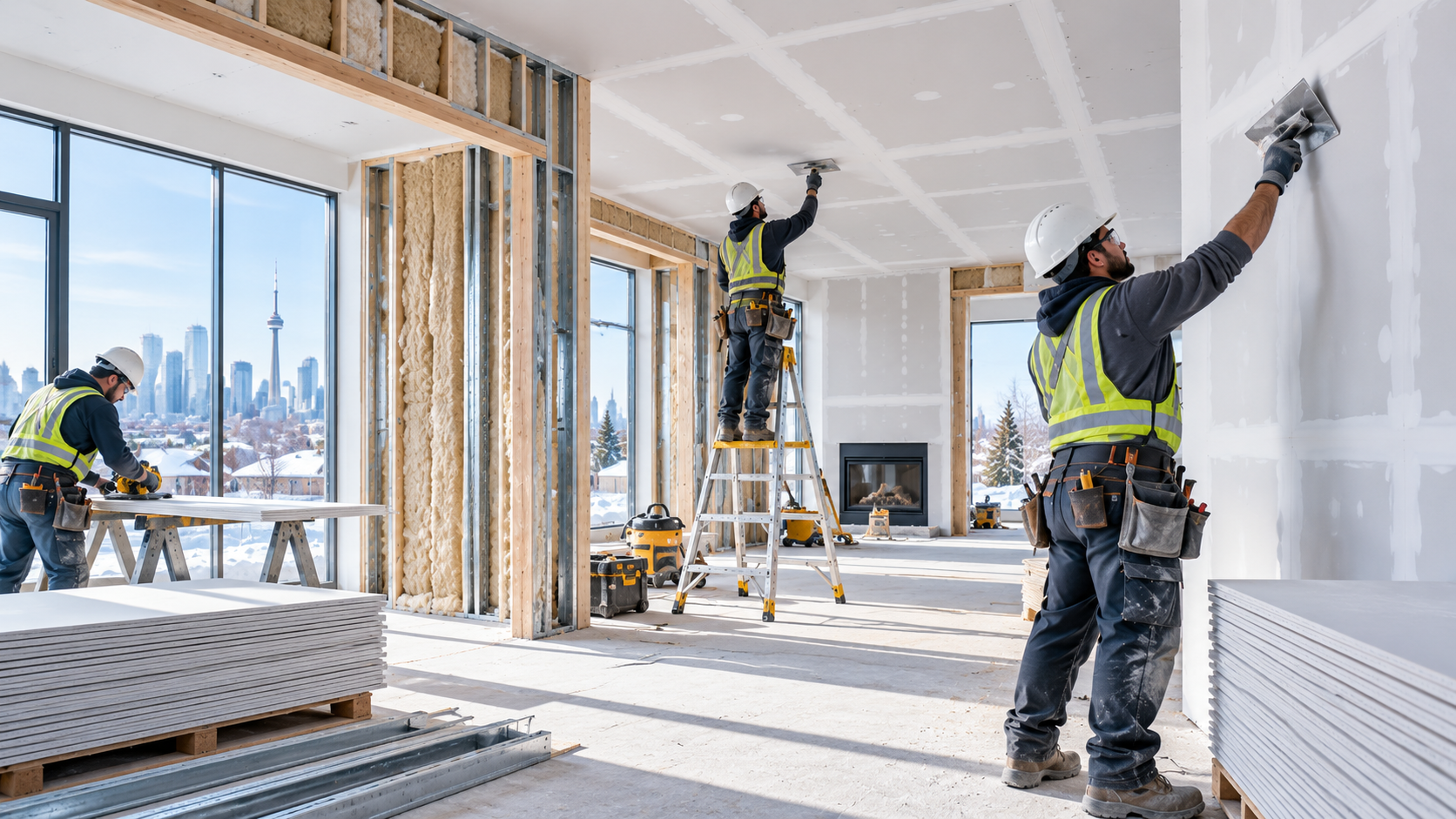 Professional drywall boarding and framing work in progress